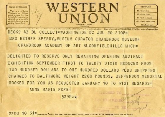 The first telegram I've ever seen.  1943, Cranbrook Archives.