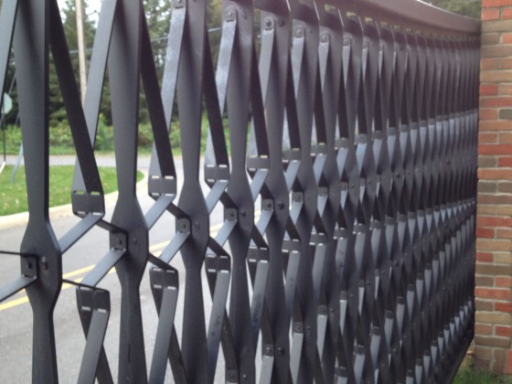 Closeup of Valley Way entrance gates, designed by Cranbrook Academy of Art Architect-in-Residence William Massie. The gates were completed in 2012. 