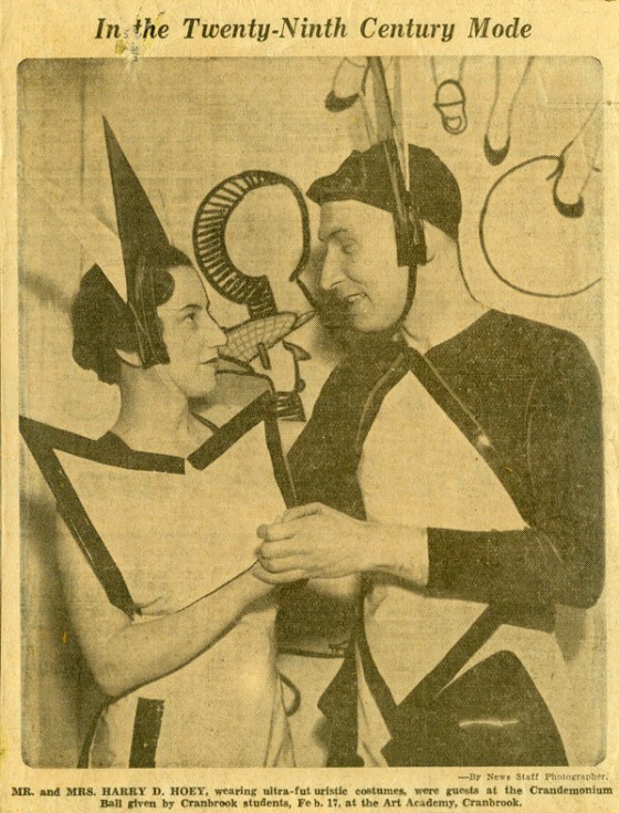 The theme of the first Crandemonium Ball was the Court of Crandemonium. It prompted this newspaper article declaring that the party was in the "twenty ninth century mode." 1934, Cranbrook Archives.