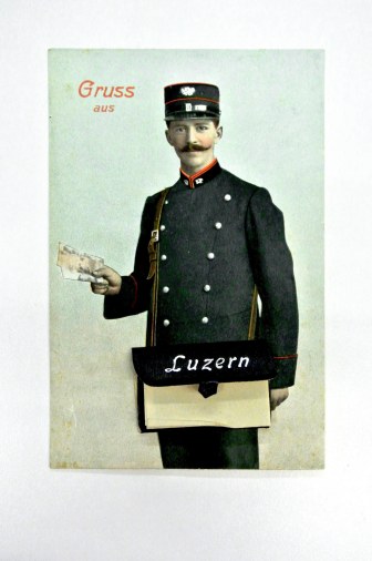 This postcard shows a Swiss postal worker with a small pouch. 1921, Cranbrook Archives