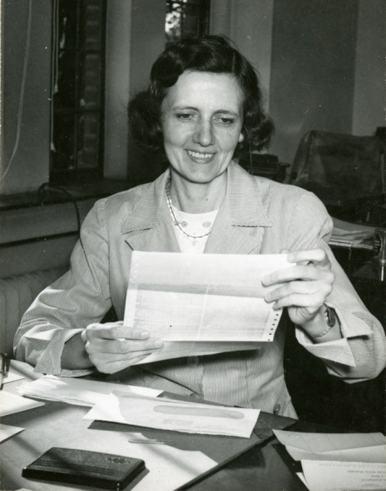 Helen McIlroy at her desk at Cranbrook House, 1950. Cranbrook Archives. 
