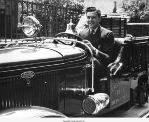 Dominick Vettraino at the wheel of Cranbrook's Fire Truck, ca. 1936. Vettraino Family Papers, Cranbrook Archives.
