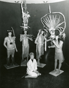 Betty Odle sits with the Wayanas she created, Sep 1969. Cranbrook Archives.