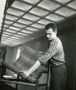 Unknown student setting up work for Student Show, 1958. Copyright Cranbrook Archives.
