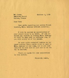 Correspondence from Kingswood School to the American Consul, 1939. Courtesy Cranbrook Archives. 