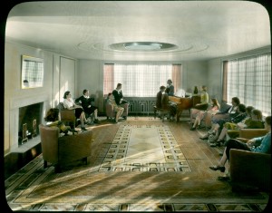 The rug for Reception Room III (Rose Lounge) in situ, Kingswood School, 1932. George Hance, photographer, Courtesy Cranbrook Archives.