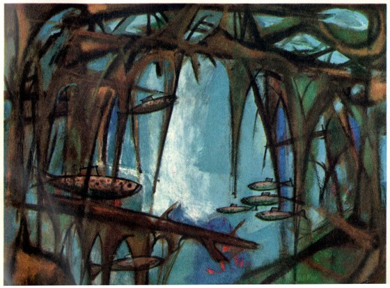 “Fish,” Big Spring, Michigan. Lincoln-Mercury Times, May-June 1956. Painting by Bill Moss. Moss was a graduate of the Academy of Art and painted over 300 works for Ford Times from 1949-1958.