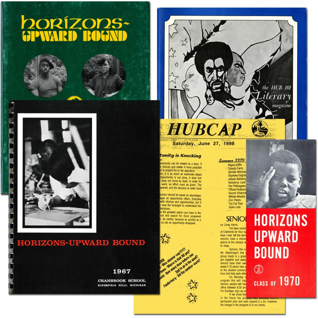 Collage of HUB paper publication covers. Primarily green, black, yellow, and red.